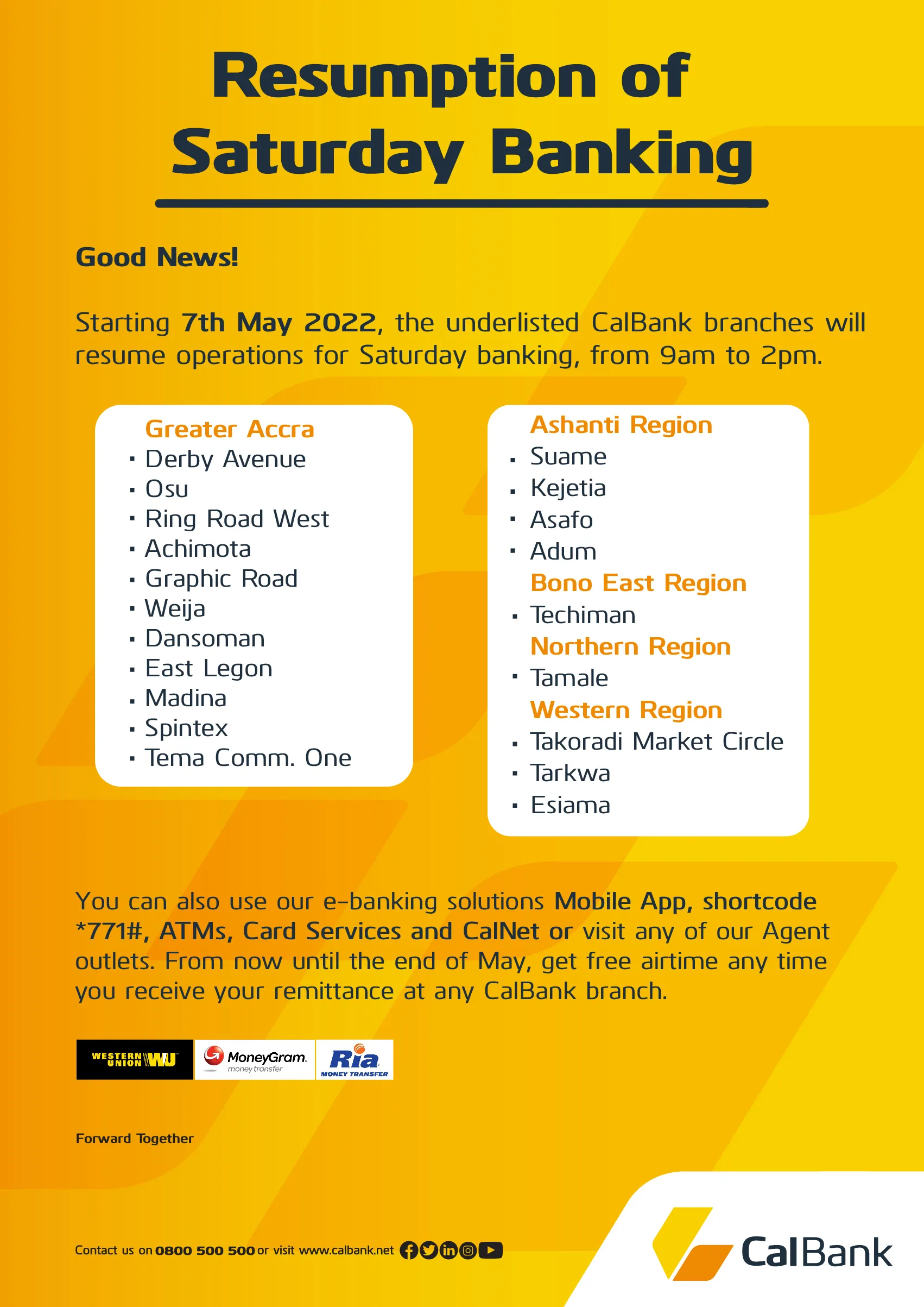notice resumption of saturday banking